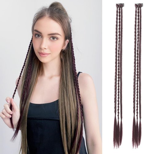 REECHO Clip in Braids, 6 PCS Braid Hair Extensions Clip in Baby Braids, 22" Long Natural Soft Synthetic Hairpieces for Women Girls (Burgundy)