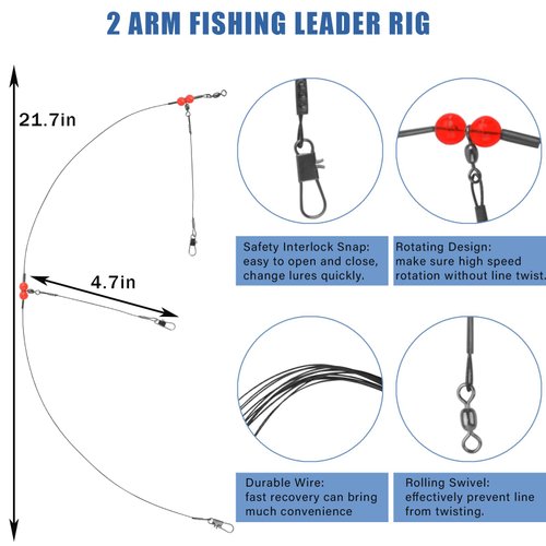 Fishing Leaders Saltwater Tackle Surf Fishing Rigs High Strength Fishing Wire Leader Line Rig with Swivels Snap for Lures Bait Hooks (2 arm, 12pcs, Black Stainless Steel)