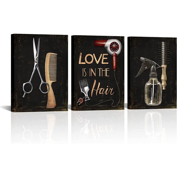 SkenoArt Fashion Hair Salon Wall Art Hairdressing Tools Picture Canvas Wall Decor Hair Scissors Set Painting for Barber Shop Decoration Ready to Hang 12x16inchx3PCS