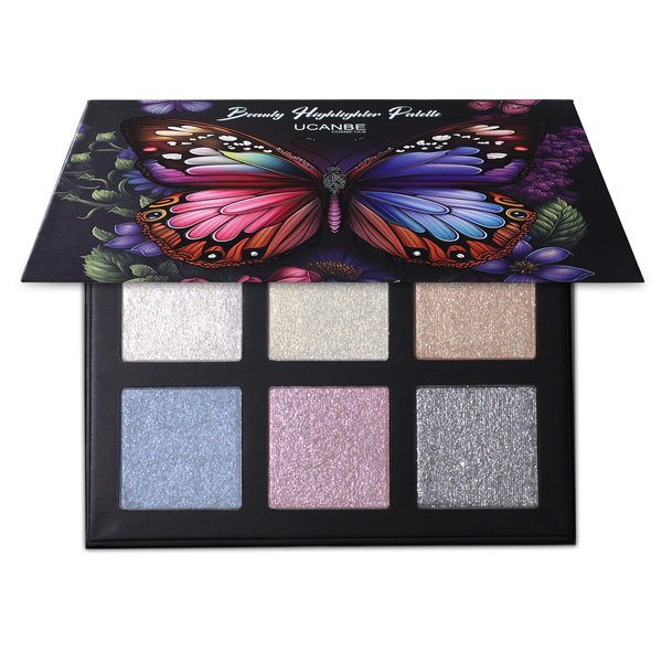UCANBE Beauty Highlighter Makeup Palette - 6 Colors Shimmery Powder Makeup Palette Pearl White Blonde Blue Purple Silver Face Illuminator Palette Smooth Long Lasting Waterproof Blush Bronzer Kit