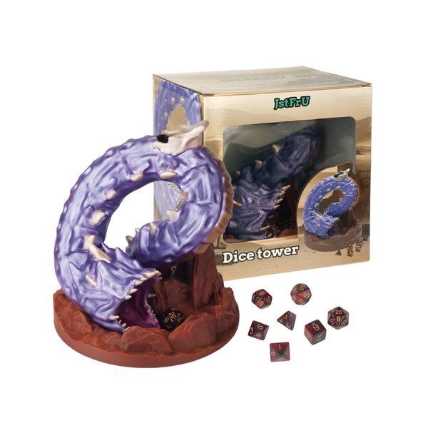 Purple Worm Dice Tower (with 7pcs Dice) for TRPG -DND COC D&D -Dungeons and Dragons Hand Painted Color Tabletop Role Playing Game Rolling Tower with Tray