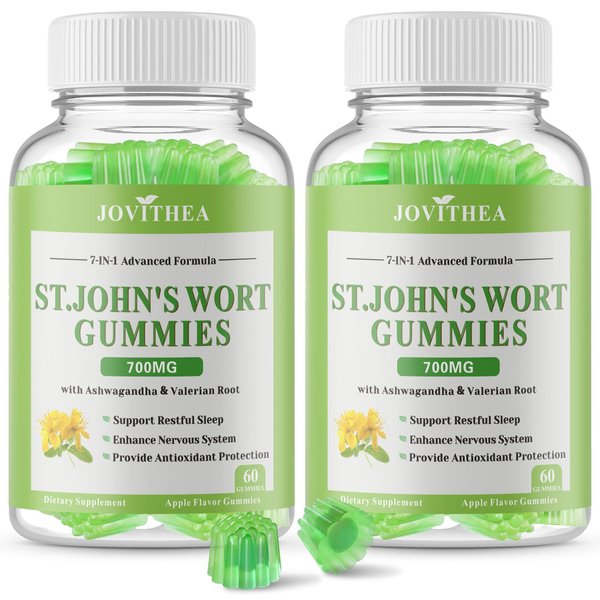 2 Pack St John's Wort Gummies 700mg, Natural Herbal Supplement for Adults & Kids, Support Calm, Relaxation & Brain Health, Vegan, Non-GMO, Gluten Free, Apple Flavor, 120 Count