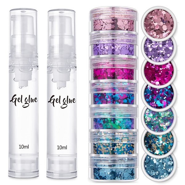 Body Glitter+Gel Kit,JASSINS Holographic Face Glitter,7 Style Fine Glitter for Art Nail,Hair, Eye,Eyeshadow Makeup. (Color-3)