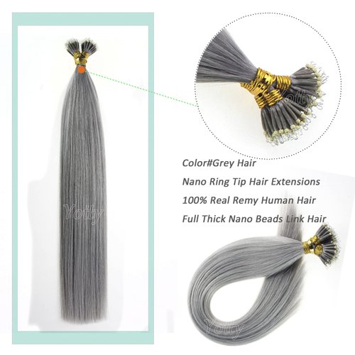 Nano Ring Hair Extensions Human Hair Keratin Cold Fusion Nano Tip Micro Nano Beads Link Thick Hair Balayage Highlight Ombre Real Remy Hair 1g/s (22inch50gr50s, Silver Gray)