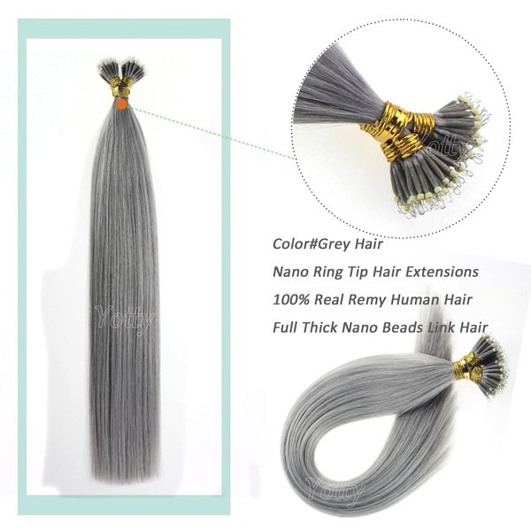 Nano Ring Hair Extensions Human Hair Keratin Cold Fusion Nano Tip Micro Nano Beads Link Thick Hair Balayage Highlight Ombre Real Remy Hair 1g/s (22inch50gr50s, Silver Gray)