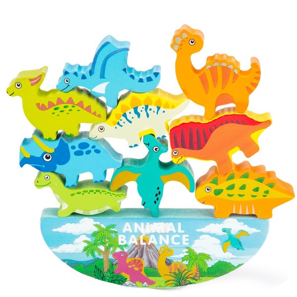 3 otters 12PCS Wooden Dinosaur Toys for Kids, Wooden Stacking Montessori Toys for Toddlers Balance Competition Game Boy Family Birthday Gifts