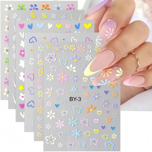 Nail Stickers for Flowers Heart Nail Art - 6 Sheets Colorful Flowers Nail Decals Spring Daisy Nail Art Design 3D Self Adhesive Crystal Flowers Nail Supplies French Tip Nail Sticker for Nail Decoration
