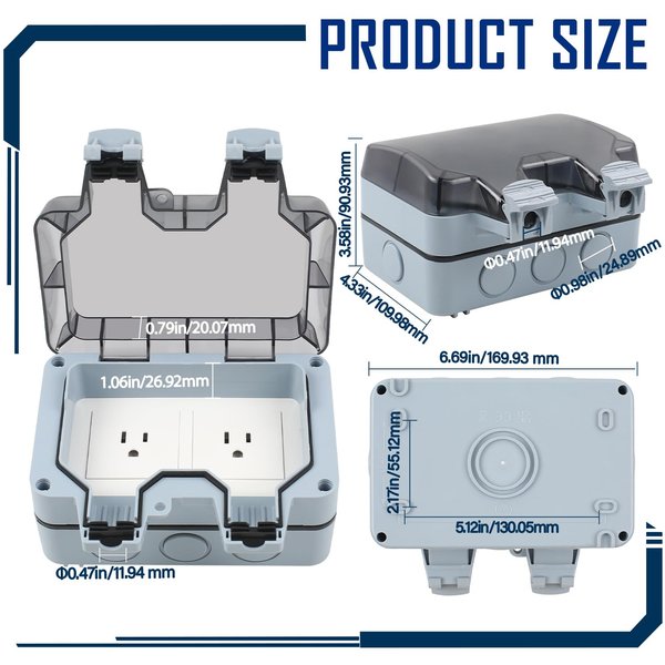 ZUYIYI Outdoor Power Outlet, Waterproof Weatherproof IP66 US Electrical Outlet Box, 15A 110-250V Outdoor Plug Socket, Lockable Socket with Clear Cover for Garden Outdoor Indoor (Double Plug Socket)