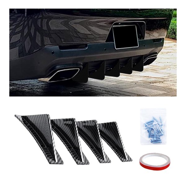 Augeny 4PCS Car Rear Lower Bumper Wing Lip Diffuser, Anti-Crash Curved Shape Auto Shark Fin Spoiler Protector with Screws, Universal Rear Bumper Lip Diffuser Kit for Car SUV (Curved/Carbon Fiber)