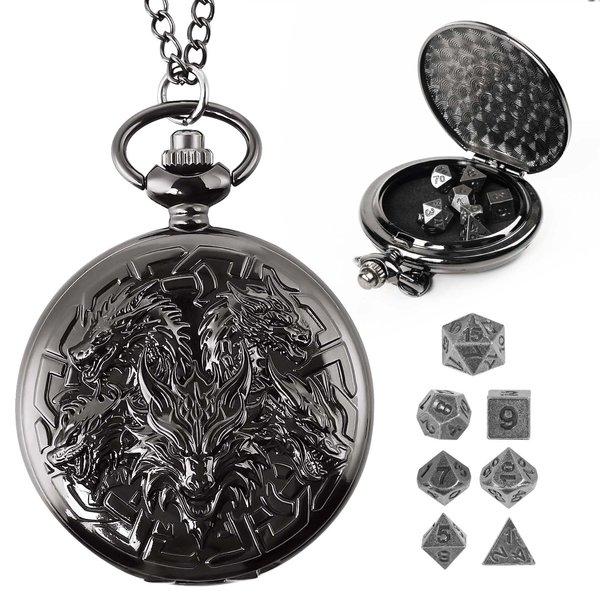 Banloga D&D Dice Set,7PCS Metal Dice Set for Dungeons and Dragons,Mini Dice Set with Pocket Watch Case,Role Playing Board Games Accessories (Dragon, Black)