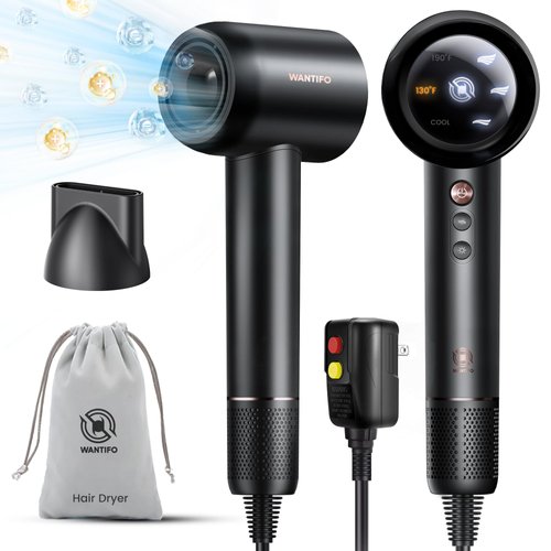 Ionic Hair Dryer High Speed Blow Dryer with 110000 RPM Brushless Motor Fast Drying - LED Display, Thermo-Control, Low Noise - Professional Portable Hairdryer for Travel, Salon, Home, Gifts (Black)