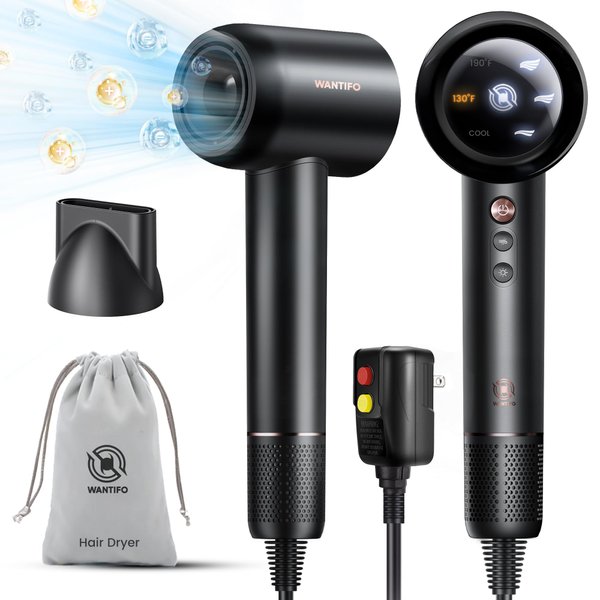 Ionic Hair Dryer High Speed Blow Dryer with 110000 RPM Brushless Motor Fast Drying - LED Display, Thermo-Control, Low Noise - Professional Portable Hairdryer for Travel, Salon, Home, Gifts (Black)