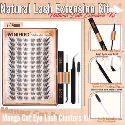 Cat Eye Lash Clusters Kit Natural Eyelash Extension Kit Wispy Lash Clusters Manga Lashes Kit C Curl Cluster Eyelash Extensions Left&Right Eyelash Clusters Kit with Bond and Seal by Winifred