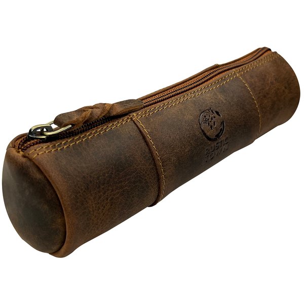 Rustic Town Leather Pencil Case - Full Grain Leather Zippered Pen Pouch - Stationery Bag Pen Holder for Work & Office, Brown, M, Pc200505flr-tan