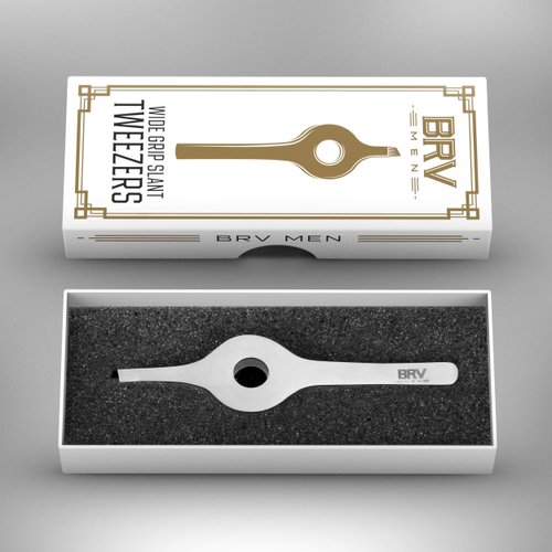 BRV MEN Wide Grip Slant Tweezers | German Stainless Steel | Hand-Filed Slanted Tips for Ultra-Precision | Tweezers for Eyebrows & Nose/Ear/Facial Hair | Professional Tweezers for Women & Men - Silver