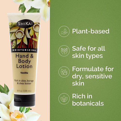 ShiKai - Vanilla Hand & Body Lotion, Plant-Based, Perfect for Daily Use, Rich in Botanical Extracts, Makes Skin Softer & More Hydrated, Mildly Formulated for Dry, Sensitive Skin, Creamy Texture (8 oz)