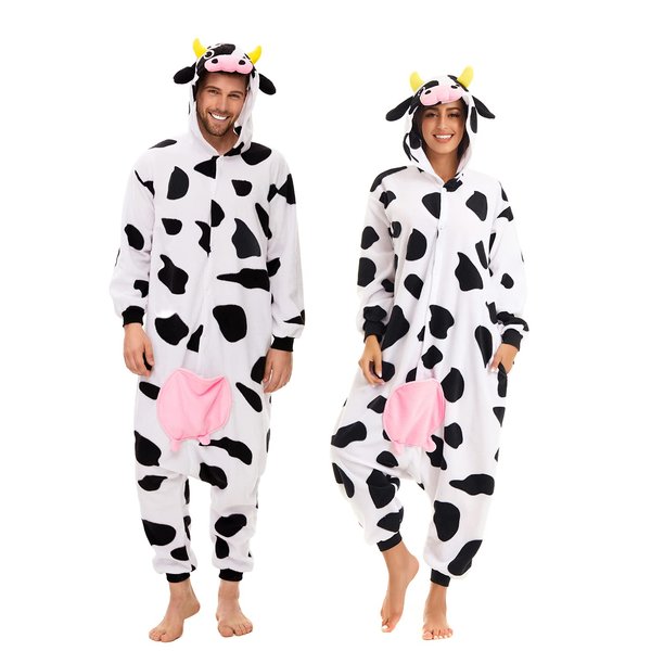 CANASOUR Christmas Cow Onesies Halloween Pajamas For Women Couples Adult Animal Custom With Udders Unisex Anime Cosplay Costumes (Cow,Medium)