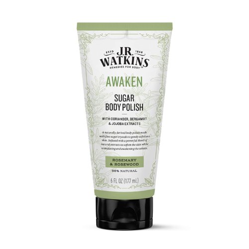 J.R. Watkins Awaken Sugar Body Polish, Rosemary & Rosewood Natural Body Scrub Cleanses, Softens & Stimulates Senses, 6 oz