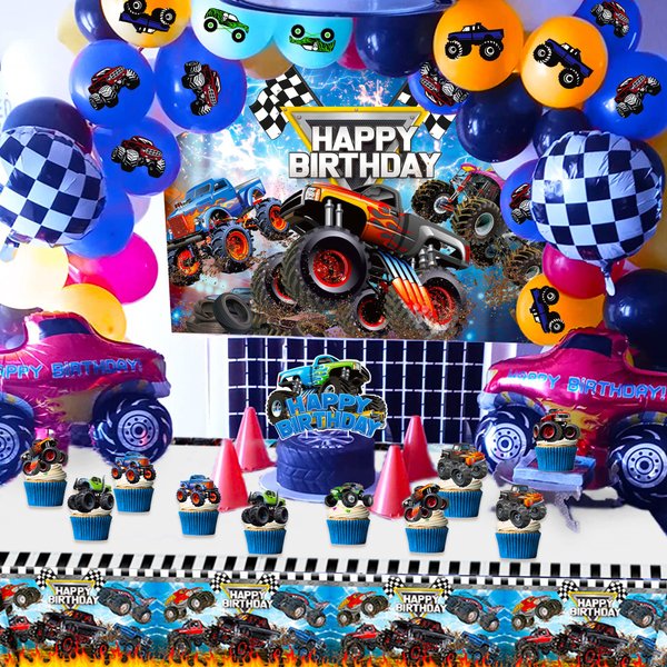 63 PCS Monster Truck Birthday Party Supplies Monster Trucks Birthday Decoration Monster Trucks Party Supplies Monster Truck Backdrop Balloons Tablecloth Cake Toppers Cupcake Toppers