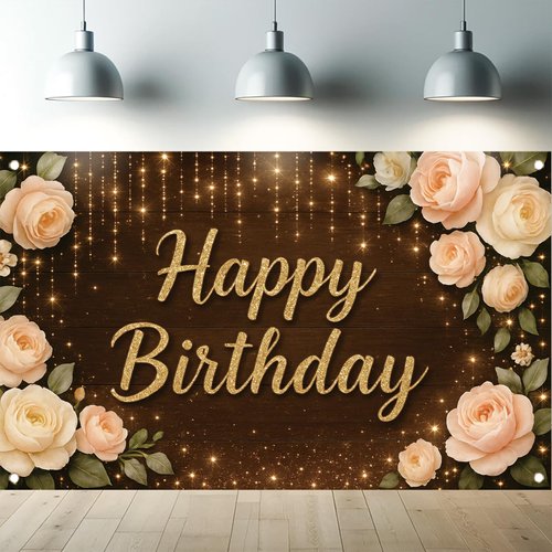 Starlit Patio Happy Birthday Backdrop 71 X 43 Inch Rustic Dark Wood Floral Banner with Gold Glitter Lettering Cream Rose and Lights for Women Birthday Party Decorations Indoor Outdoor Use