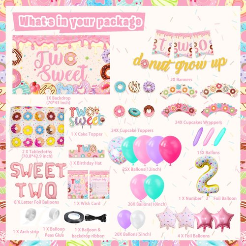 LXlucktim Two Sweet Birthday Party Supplies for 2 Year Old Girl, 150 Pcs Donut Party Decorations for Girls Baby - Backdrop, Cake, Cupcake Toppers, Tablecloth, Highchair Nanner, Crown and Poster