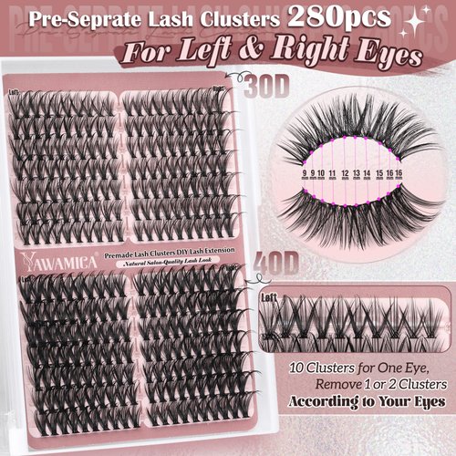 Yawamica Lash Extension Kit Wispy Lash Clusters Kit 30D 40D Natural Eyelash Extension Kit 9-16mm Left & Right Premade Eyelash Clusters 280pcs with Lash Bond and Seal and Lash Tweezers