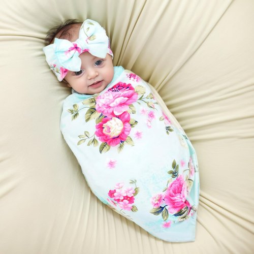Galabloomer Receiving Blanket Headband Set Flower Print Baby Swaddle Receiving Blankets