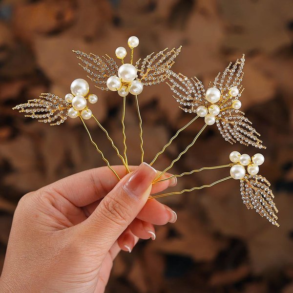 Asooll Pearl Bride Wedding Hair Pins Leaf Bridal Head Piece Rhinestone Hair Accessories for Women (Pack of 3) (Gold)