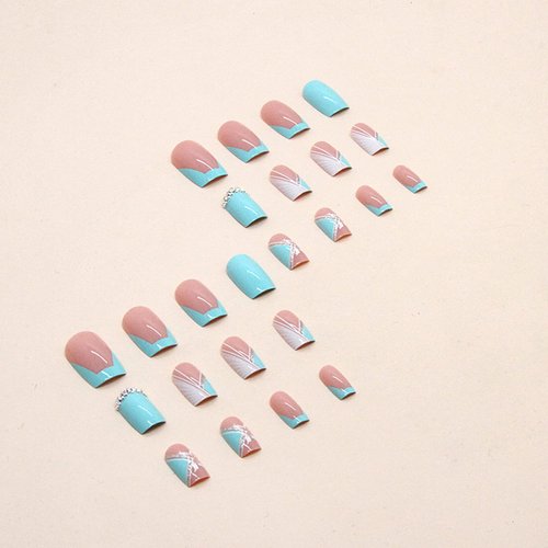 French Tip Press on Nails Blue Fake Nails Square False Nails with Rhinestone Designs Butterfly Artificial Nails Spring Summer Acrylic Nails Medium Stick on Nails Cute Glue on Nails for Women Manicure