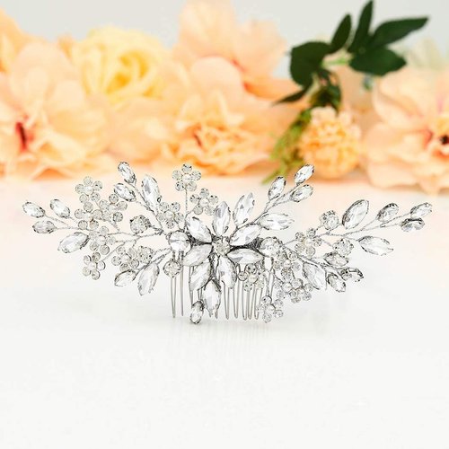 Unsutuo Crystal Bride Wedding Hair Comb Silver Rhinestone Flower Bridal Hair Pieces Pearl Wedding Hair Accessories for Women and Girls… (Silver)