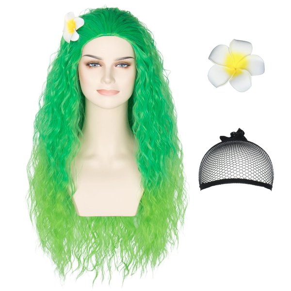 Unisex Women 80cm Long Curly Dark Brown Hair Halloween Cosplay Costume Wig for Girl (Gradient Green)