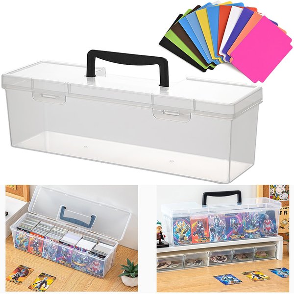Plastic Trading Card Storage Box Toploader Sports Card Storage Case with Handle, Clear Playing Card Holder Holds Up to 200 Toploaders 750 Cards, Fit for Toploader and Standard Card (1Pack/ Black)