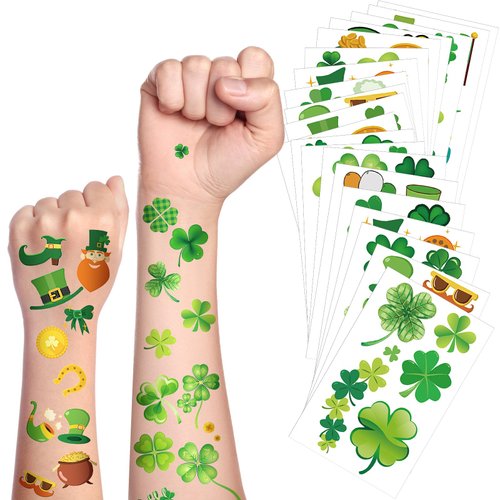 JUNEBRUSHS St. Patrick's Day Shamrock Temporary Tattoos, 20 Sheets Shamrock Kid Tattoo Stickers Makeup Tattoos for St. Patrick's Day Gift Filler Boys Girls Party Favors Clover Decorations