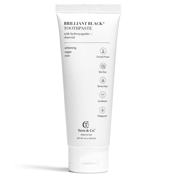 Terra & Co. Brilliant Black Hydroxyapatite Charcoal Toothpaste for Whitening Teeth – Natural Vegan Sensitive Teeth Whitening Remineralizing Toothpaste Without Fluoride & SLS – Mint, 3.4 Ounces