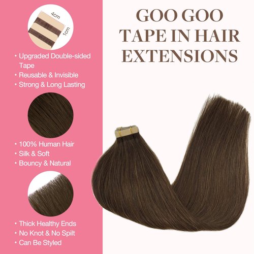 GOO GOO 20 inch Human Hair Extensions Tape in Chocolate Brown Real Natural Hair Extensions Tape in Skin Weft Silky Straight 50g 20pcs