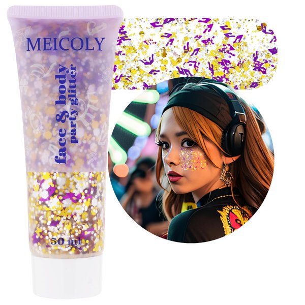 MEICOLY Face Glitter Makeup for Music Festival,Gold Silver Purple Body Glitter,Music Festival Outfits for Women,Glitter Face Paint for Country Music/Musical Event,Music Festival Rave Accessories,50ml