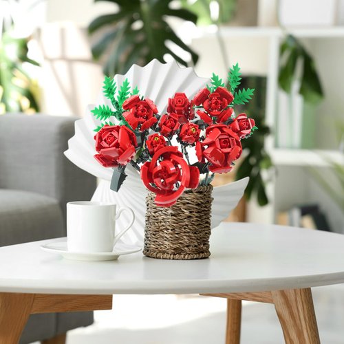 SIENON Rose Flower Building Set-10pcs Rose Flowers & 2pcs Leaves Botanical Collection, Artificial Flowers for Home Décor, Roses Bouquet Building Kit for Valentine’s Day Christmas Birthday Anniversary