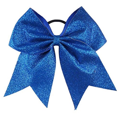 Glitter Cheer Bows - Cheerleading Softball Gifts for Girls and Women Team Bow with Ponytail Holder Complete your Cheerleader Outfit Uniform Strong Hair Ties Bands Elastics by Kenz Laurenz (1) (Blue)