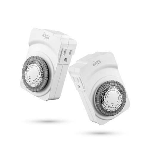 KMC Indoor 24-Hour Mechanical Outlet Timer, 3-Prong Dual Outlet Plug-in Mechanical Timer Grounded, 2-Pack White