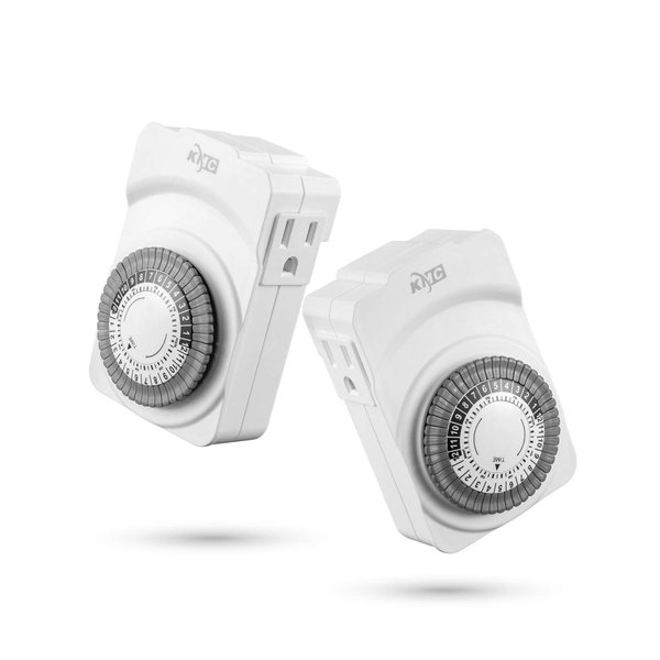 KMC Indoor 24-Hour Mechanical Outlet Timer, 3-Prong Dual Outlet Plug-in Mechanical Timer Grounded, 2-Pack White