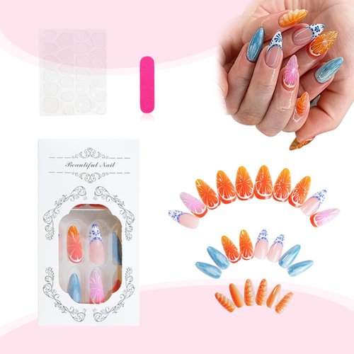 24 Pcs 3D Fruits Press on Nails Short Almond - SHANRUN Summer Fake Nails Press ons French Nail Art Tips Glue on Nails Stick on Nails Full Cover Artificial Acrylic False Nails with Orange Ocean Design