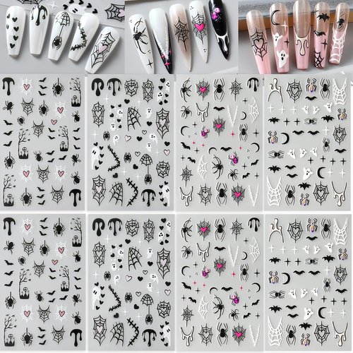 8 Sheet Halloween Nail Stickers Ghost Bat Spider Nail Decals 3D Self-Adhesive Spider Web Spooky Bat Spider Nail Art Stickers Design Gothic Nail Art Supplies for Holiday Acrylic DIY Nail Decoration