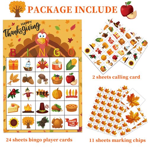 MISS FANTASY Thanksgiving Games Thanksgiving Bingo Game for Kids 24 Players Bingo Cards Thanksgiving Games for Family Thanksgiving Bingo for Toddlers Thanksgiving Activities for Kids Classroom Party