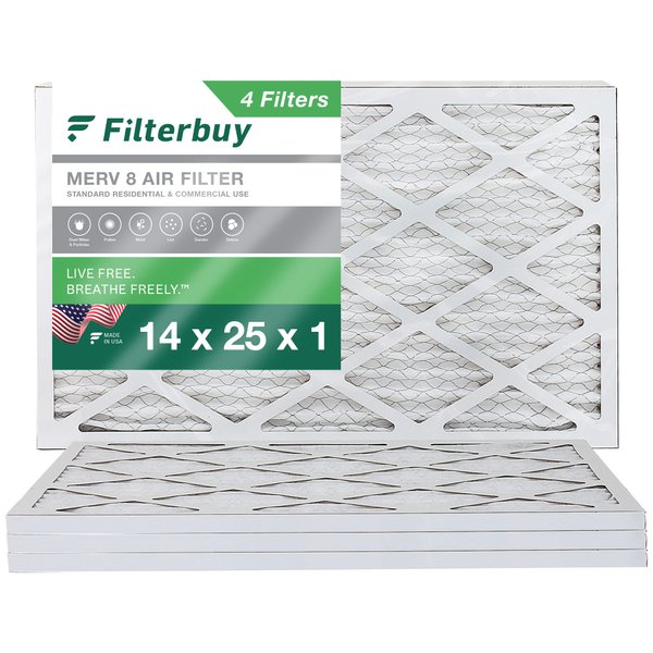 Filterbuy 14x25x1 Air Filter MERV 8 Dust Defense (4-Pack), Pleated HVAC AC Furnace Air Filters Replacement (Actual Size: 13.50 x 24.50 x 0.75 Inches)