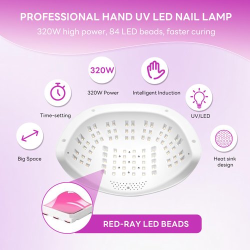 320W UV LED Nail Lamp, Professional UV Nail Dryer Light with 84Pcs Lamp Beads, Fast Gel Curing Lamp 4 Timer Setting Auto Sensor, Portable Handle Gel Polish Lamp for Salon and Home Nail Art Tools