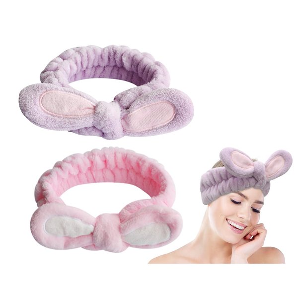 SYMGILA Spa Headbands for Washing Face Makeup Headbands for Women, Skincare Plush Bow Hair Bands 2 Pack (Pink & Purple)