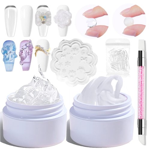 YEPYEPGO Solid Builder Gel for Nails, 2 Squoval/Square Non-Stick Hand Sculpture 3D Gel, 2pcs Clear & White Acrylic Hard Nail Extension Gel, French Glossy Finish for Nail Art Design