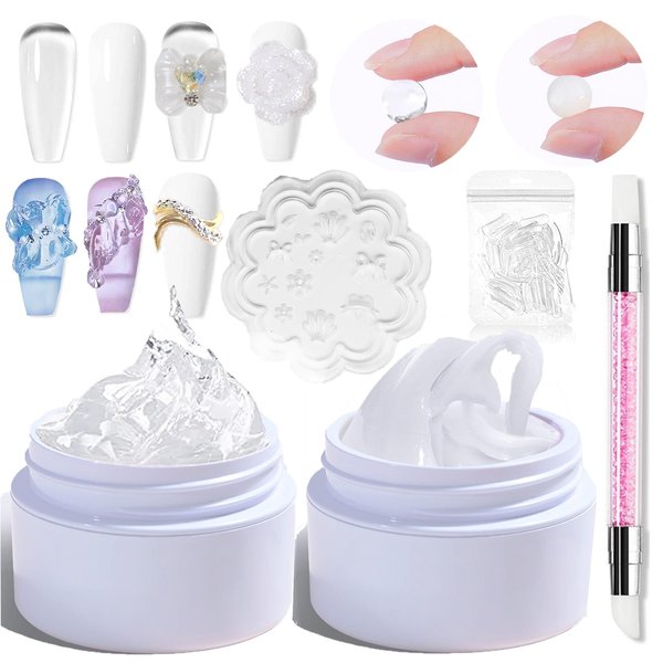YEPYEPGO Solid Builder Gel for Nails, 2 Squoval/Square Non-Stick Hand Sculpture 3D Gel, 2pcs Clear & White Acrylic Hard Nail Extension Gel, French Glossy Finish for Nail Art Design