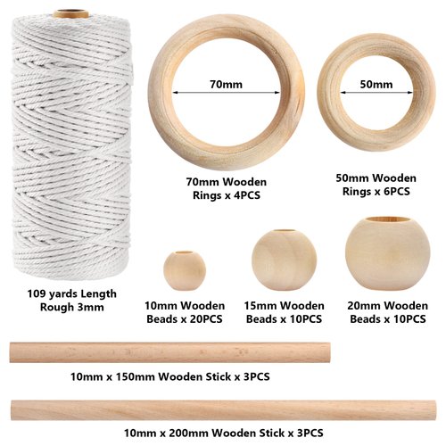 Hdviai 121Pcs Macrame Kit, Macrame Supplies 3mm x 109Yards Macrame Cord for Macrame Kits for Adults Beginners, with Accessories Like 100Pcs Beads and 10Pcs Wooden Rings for Macrame Plant Hanger Kit