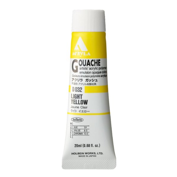 Holbein Acryla Gouache Artists Acrylic Polymer Emulsion, 20ml Light Yellow (D032)